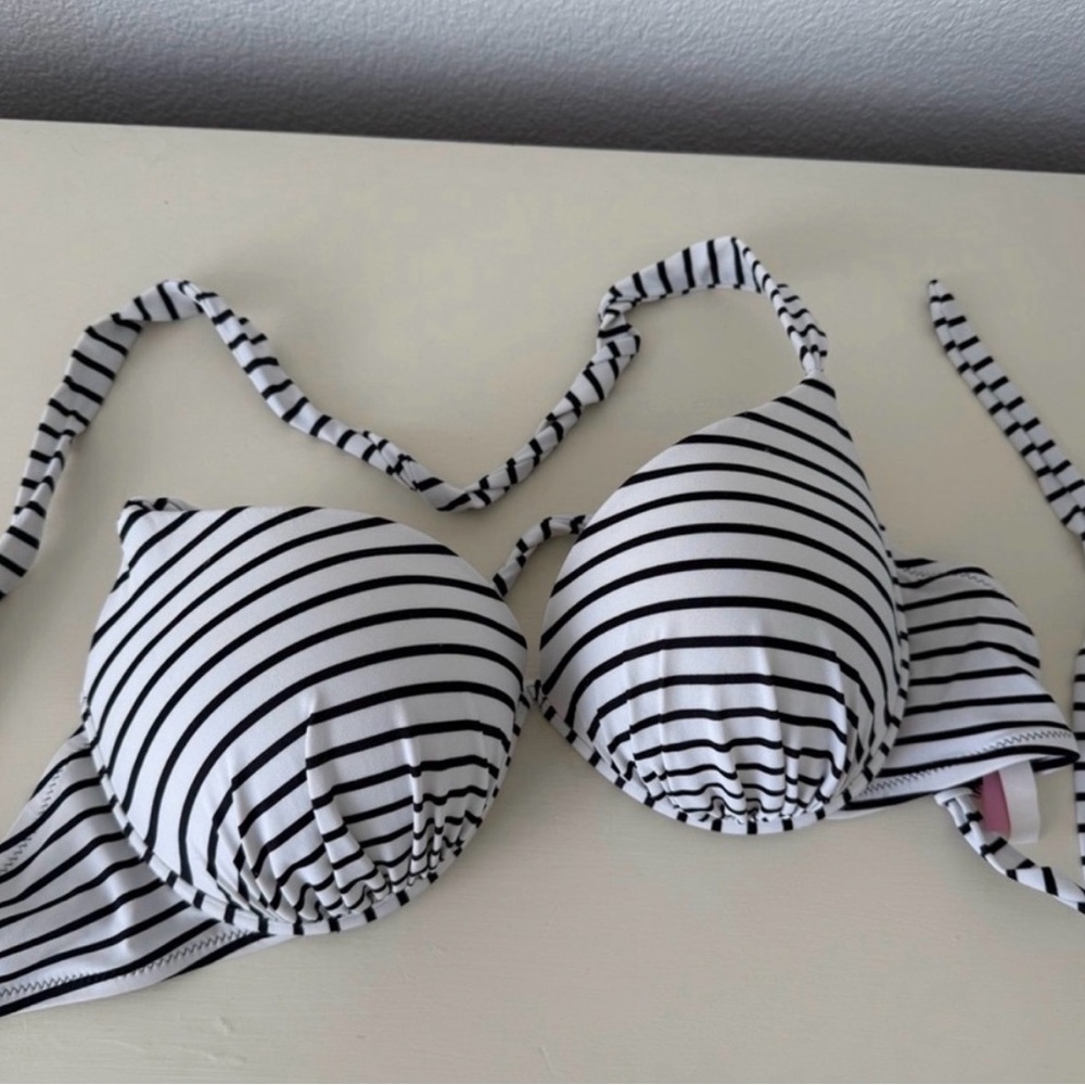 Victoria's Secret Black & White Striped Halter Bikini Top